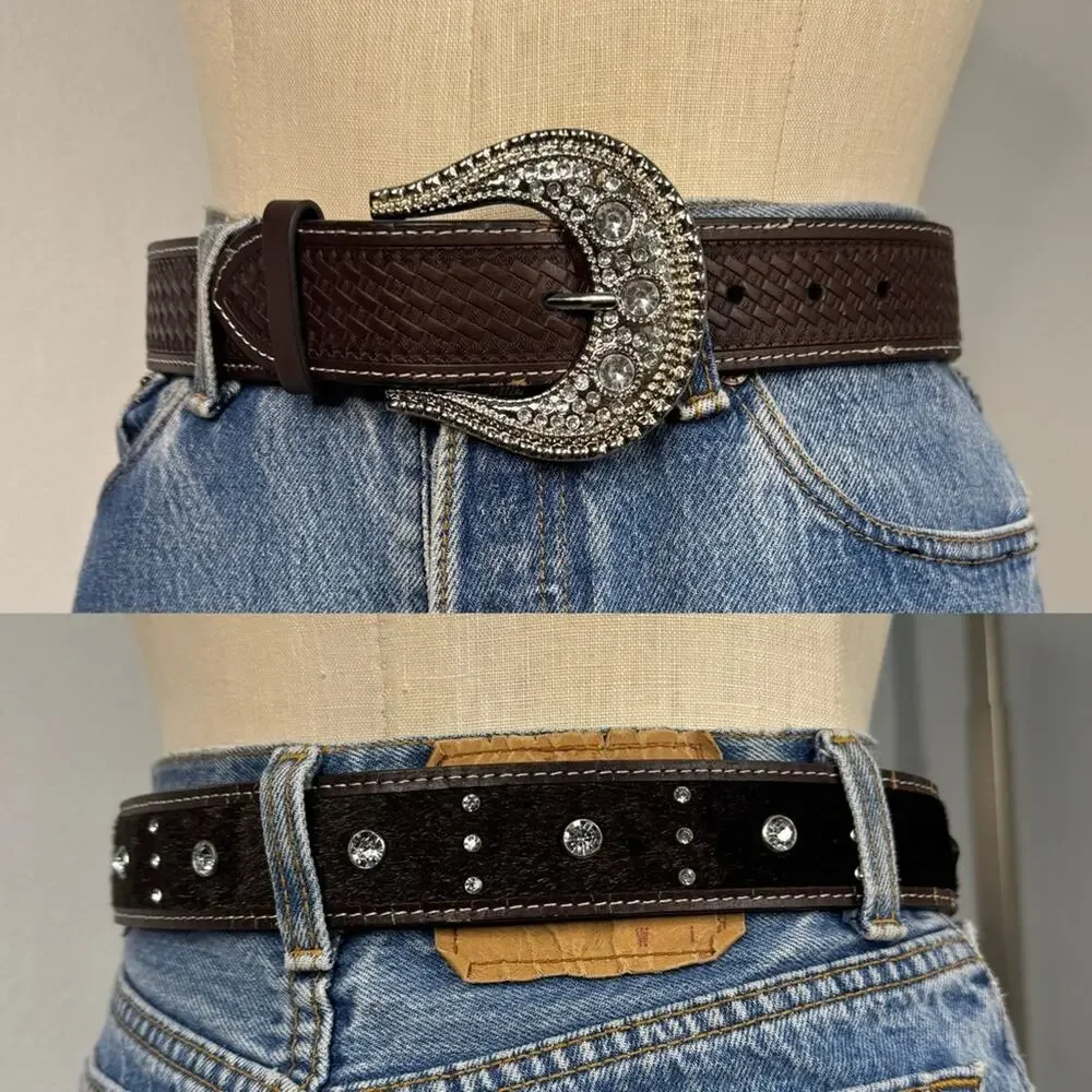 Western Belt Rhinestone Bling Brown Leather Rodeo Buckle Cowgirl Small